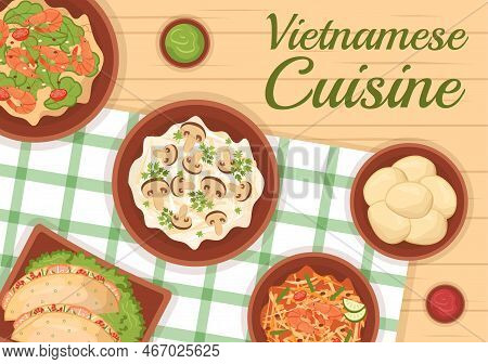 Vietnamese Food Restaurant Menu With Collection Of Various Delicious Cuisine Dishes In Flat Style Ca