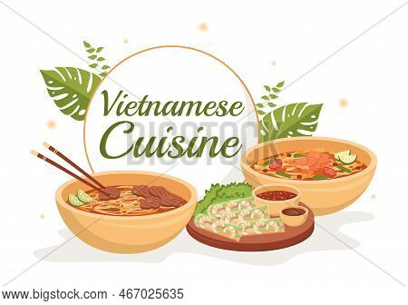 Vietnamese Food Restaurant Menu With Collection Of Various Delicious Cuisine Dishes In Flat Style Ca