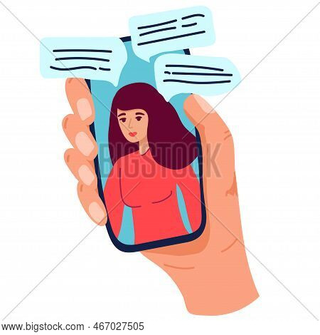 Video Call Concept. Video Call With Loved One. Male Hand Holding Smartphone With Girlfriend On Scree