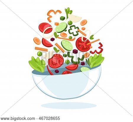 Bowl With Flying Vegetables. Fresh Healthy Meal With Organic Salad Vegetarian Food, Cartoon Flat Org