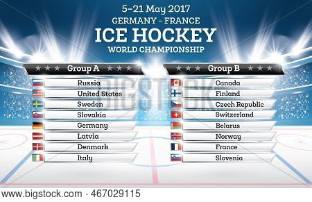 Ice Hokey World Championship 2017. List Of Countries With Spotlights. Vector Illustration.
