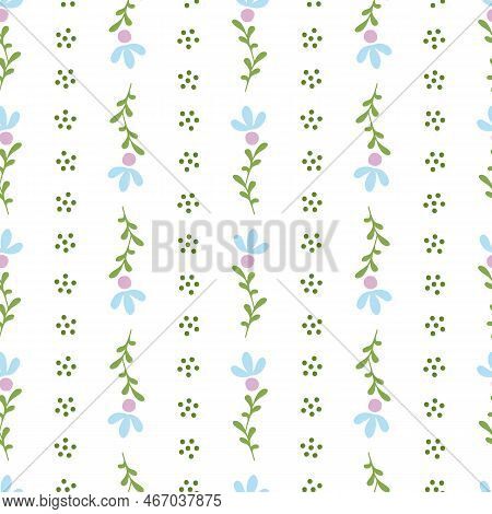Sissi, A Vector White Seamless Pattern. Tiny Florets And Dotted Flowerlets Forming Stripes On A Whit