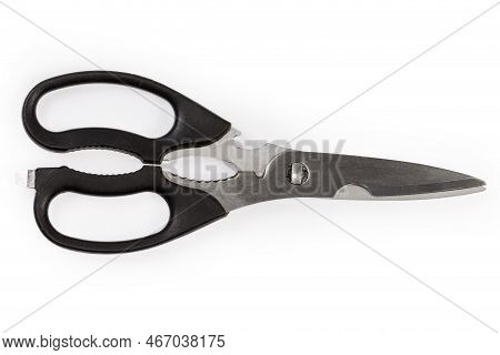 Used Stainless Steel Kitchen Scissors With Plastic Handles And Inbuilt Other Tools Of Kitchen Functi