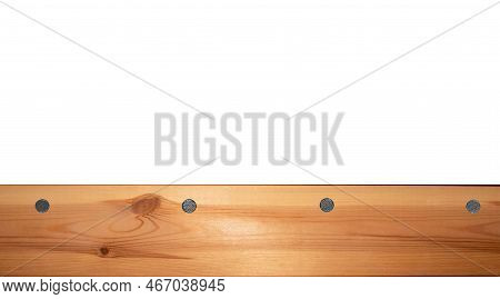 Light Wood Texture Surface With Natural Pattern And Metal Nail Heads Or Hats. Wooden Pine Board Isol
