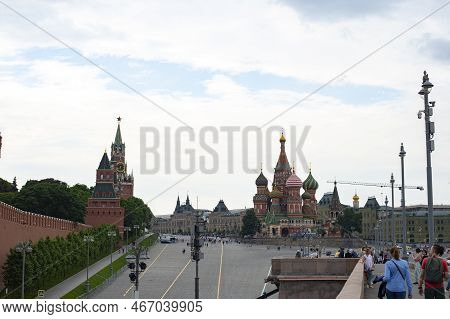 Moscow, Russia - May 28, 2021: St. Basil's Cathedral On Red Square View From Bolshoi Moskvoretsky Br