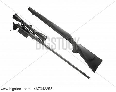 Bolt Action Rifle And Scope Separated From Its Stock Isolated On White