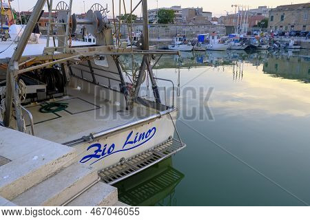 July 2022 Senigallia, Italy: Boats In The Port During Sunrise. Senigallia Marina Across Buildings. C