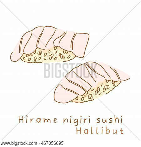 Hirame Nigiri Sushi With Spaltus In Flat Style. View From Different Sides.