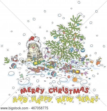 Merry Christmas And Happy New Year Card With A Slightly Drunk Cat In A Santa Hat Sitting On Snow Nea