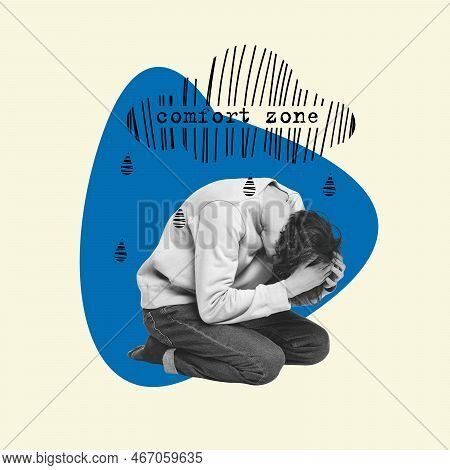 Contemporary Art Collage. Conceptual Design. Young Boy Suffering From Emotional Stress, Depression A