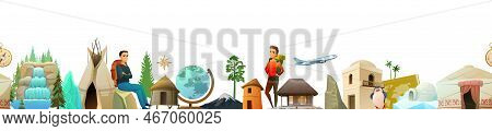 World Geography. Seamless Bottom Border. Cartoon Style. Travel Items And Plants Trees Of Climatic Zo