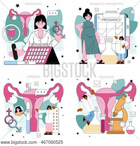 Gynecologist, Reproductologist And Women Health Doctor Set. Pregnancy Monitoring