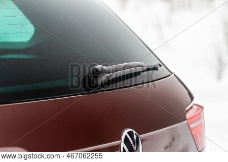 Moscow, Russia - January 22, 2022. Volkswagen Tiguan (ad1). Winter Back Car Window. A Car Wiper Clea