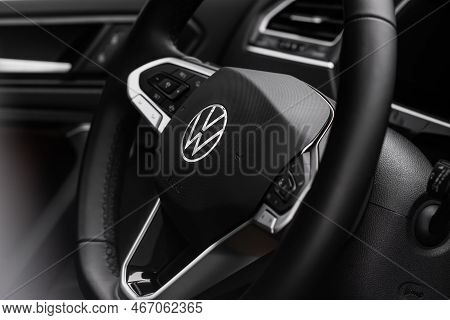 Moscow, Russia - January 22, 2022. Volkswagen Tiguan (ad1) Steering Wheel Close Up View. Volkswagen 