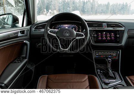 Moscow, Russia - January 22, 2022. Volkswagen Tiguan (ad1) Interior View. Subcompact Luxury Suv Car.