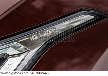 Moscow, Russia - January 22, 2022. Volkswagen Iq.light Led Matrix Headlights. Headlight Lamp Of New 