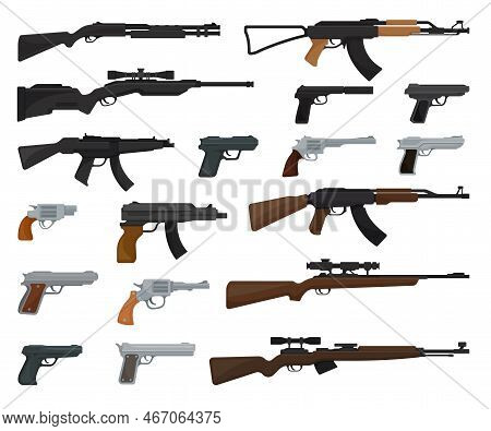 Handgun And Firearm As Hand-held Weapon With Shooting Tube Big Vector Set