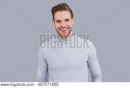 Portrait Of Happy Man. Smiling Man Studio. Young Man With Unshaven Face. Handsome Man In Casual