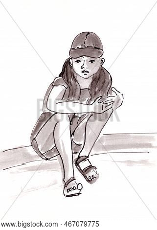 Sitting Girl In Cap Graphic Monochrome Black And White Drawing