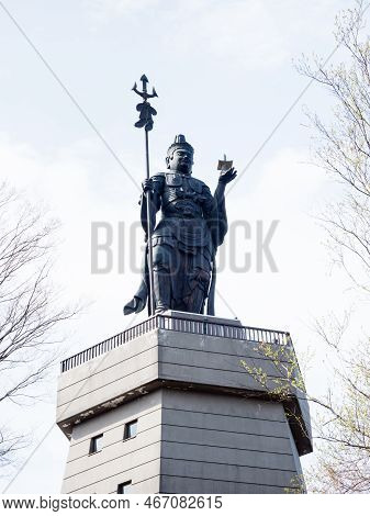 Miyoshi, Tokushima Prefecture, Japan - April 13, 2018: Statue Of Buddhist Deity Bishamonten At The E