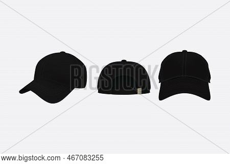 Baseball Cap Front, Back, And Side View Isolated, Baseball Cap Black Color.