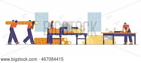 Sawmill Machinery And Workers Cutting Logs, Flat Vector Illustration Isolated.