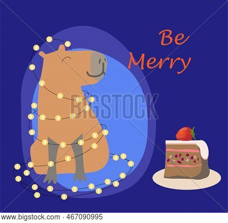 Greeting Christmas Card With Cute Capibara. Be Merry.