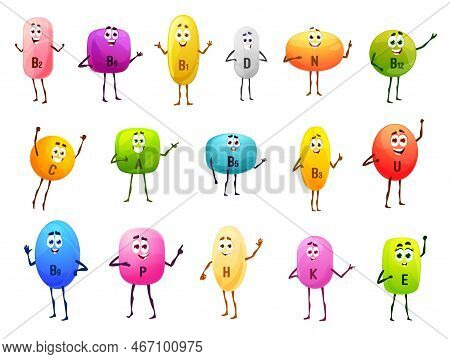 Cheerful Vitamin Characters, Cartoon Colorful Pills, Capsules, Dragee Personages Rejoice, Waving Han