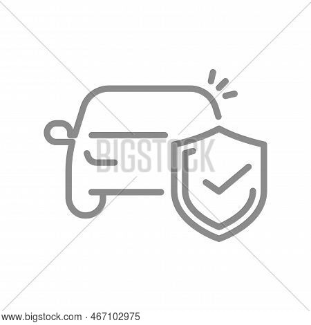 Motor Insurance Line Vector Icon. Car And Shield With Checkmark Outlined Symbol.
