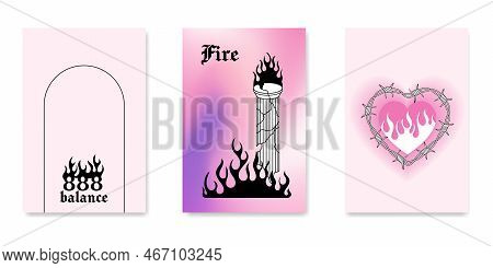 Y2k Gothic Flame Tattoo Stickers. Retro Psychedelic Love Art. Vector Illustration Of Hand Drawn Elem