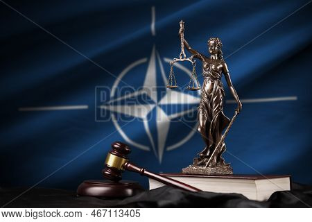 Abkhazia Flag With Statue Of Lady Justice, Constitution And Judge Hammer On Black Drapery. Concept O