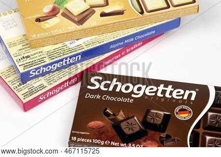 Kharkiv, Ukraine - December 18, 2020: Schogetten Chocolate Packs. Dark Chocolate Produced By Ludwig 