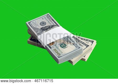 Bundle Of Us Dollar Bills Isolated On Chroma Keyer Green. Pack Of American Money With High Resolutio