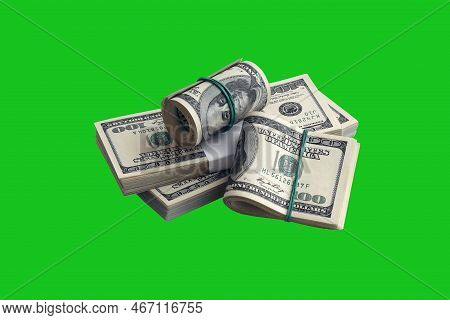 Bundle Of Us Dollar Bills Isolated On Chroma Keyer Green. Pack Of American Money With High Resolutio