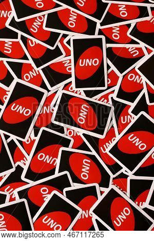 Ternopil, Ukraine - May 15, 2022: Many Colorful Uno Game Cards. Uno Is An American Shedding-type Car