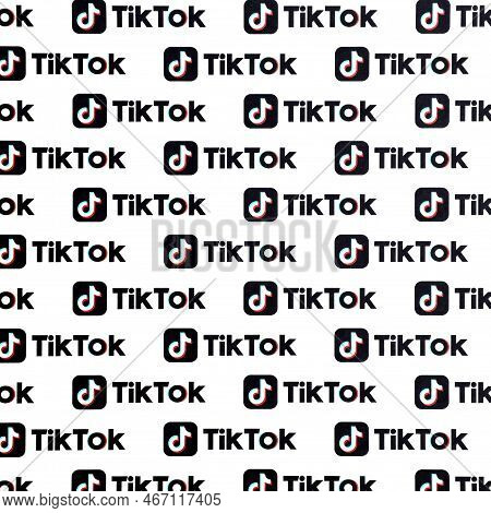 Ternopil, Ukraine - May 2, 2022: Many Tiktok Logo Printed On Paper. Tiktok Or Douyin Is A Famous Chi