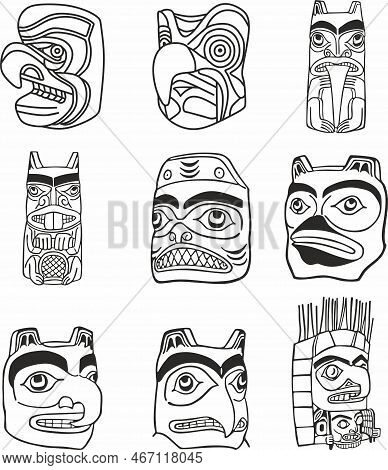 Vector Set Of Monochrome Indian Symbols. National Ornament Of Native Americans, Aztecs, Maya, Incas.