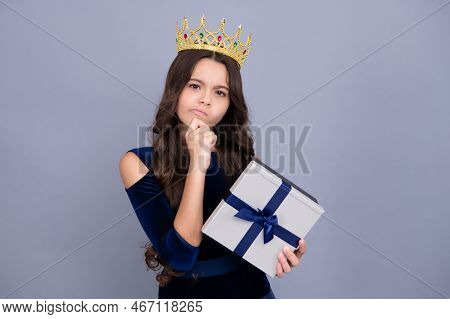 Serious Teenager Girl Princess In Crown. Cute Teenager Child Girl Congratulate With Valentines Day, 