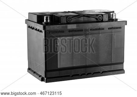 Car Battery Isolated On White Background. Lead-acid Battery On A White Background For A Car. Spare P