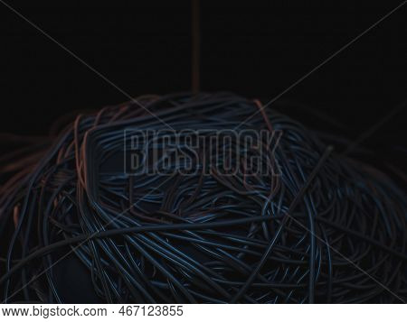 A Jumbled Huge Pile Of Black Electrical Cables Creating A Stage On A Dark Omnious Background - 3d Re