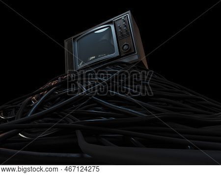 A Vintage 80's Television Perched On A Jumbled Pile Of Black Cables On A Dark Omnious Background - 3