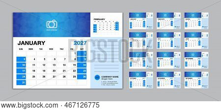 Desk Calendar 2027 Template Set Vector, Week Starts Sunday, Set Of 12 Month, Creative Calendar 2027 