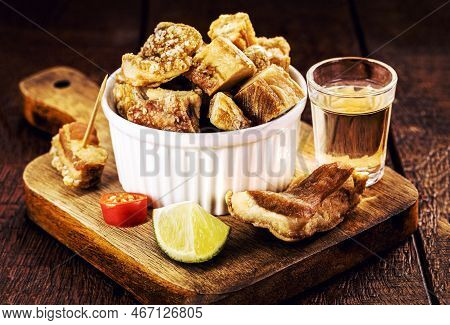 Pork Belly Meat Snack, Crispy Crackling Typical Of Minas Gerais, Served With Brazilian Cachaça