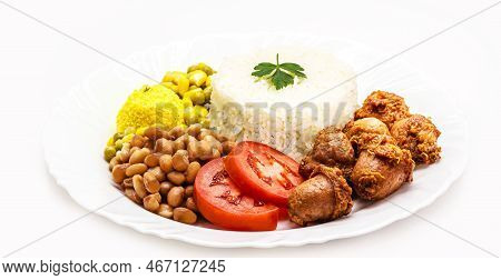 Typical Brazilian Meal, Traditional Brazilian Lunch, Rice And Beans, Farofa, Fries, Tomato And Salad