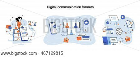 Digital Communication Formats Metaphor, Content Online Data And Social Media Streaming. Abstract Mod
