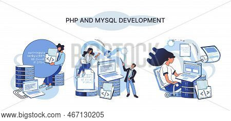 Php And Mysql Development Metaphor. Software Website Developer With Computer, Programmer Service, Op