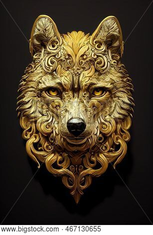 Gold Line Art Of Wolf Head. Digital Art.