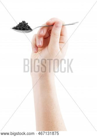 Black Caviar On A Spoon Isolated Caviar, Garnish, Seafood, Black, Passion, Closeup, Food,