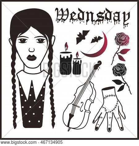 Set With Wednesday Addams With Her Friend Thing Hand With Mystical Mood.