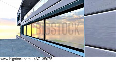An Amazing Sunrise Reflected In Large Windows Of The Contemporary Suburban House With Zink Alloy Fac